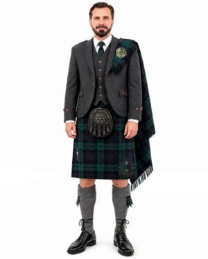 charcoal grey argyll kilt outfit with black watch tartan 1 