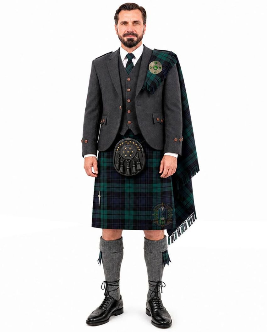 charcoal grey argyll kilt outfit with black watch tartan 1