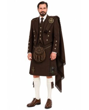 classic brown prince charlie kilt outfit with matching highland dress accessories