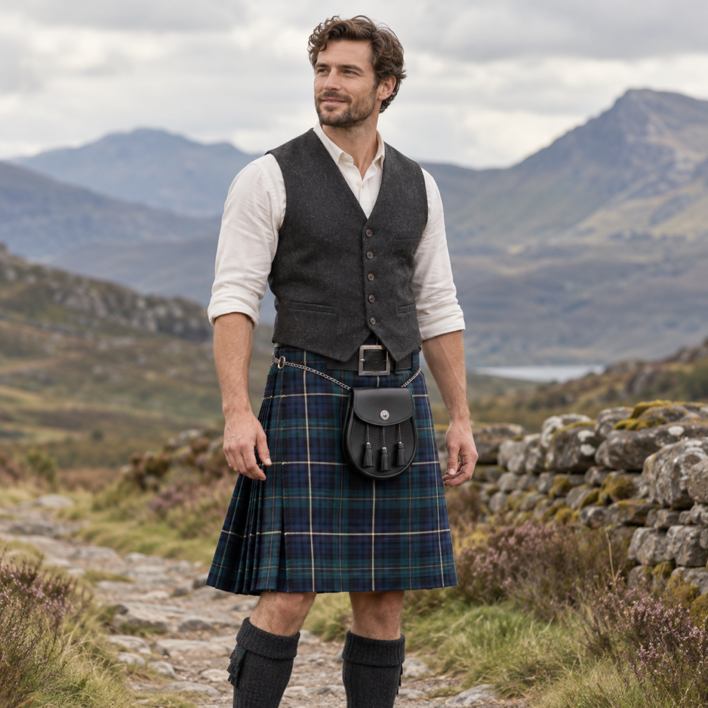 Man wearing a blue tartan kilt in the Scottish Highlands